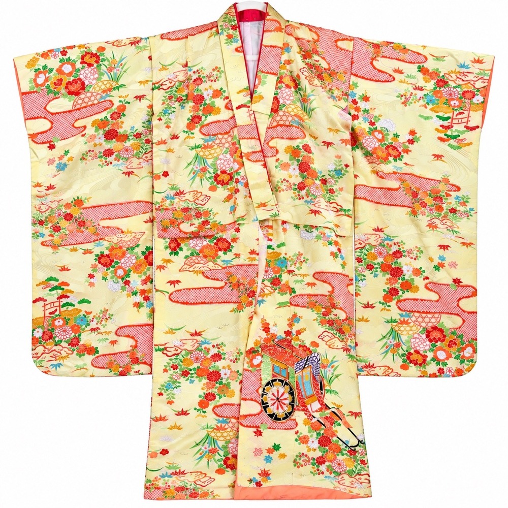 Women Vintage Japanese Kimono 100% Silk Floral Carriage Yellow Traditional Robe